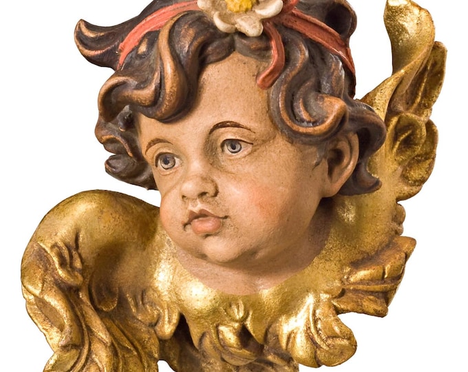 Angel sculpture, putto with daisy, carved in Valgardena wood and decorated by hand, Italian artisan production, various sizes