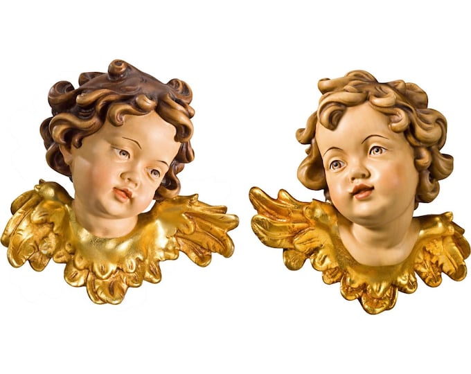 Pair of angel and cherub sculptures, carved in Valgardena wood and decorated by hand, Italian artisan production, various sizes