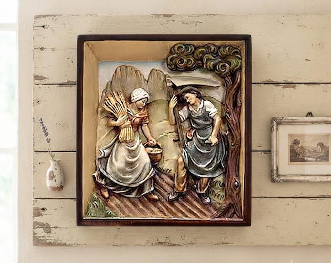 Bas-relief sculpture "Summer", carved in Valgardena wood, hand-decorated, Italian artisan production