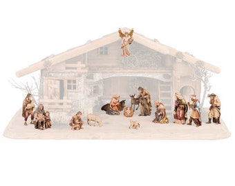Complete nativity scene 16 pieces (without stable) carved in Valgardena wood, hand-decorated, various sizes, Italian handicraft production