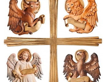 Crucifix with Evangelist symbols, carved in hand-decorated Valgardena wood, various sizes, of Italian artisan production
