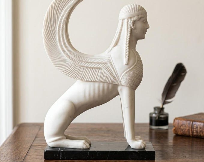 Classical sculpture "Sphinx of the Naxians", 26 cm (10.23 inches) in alabaster powder, marble base, handcrafted, made in Italy