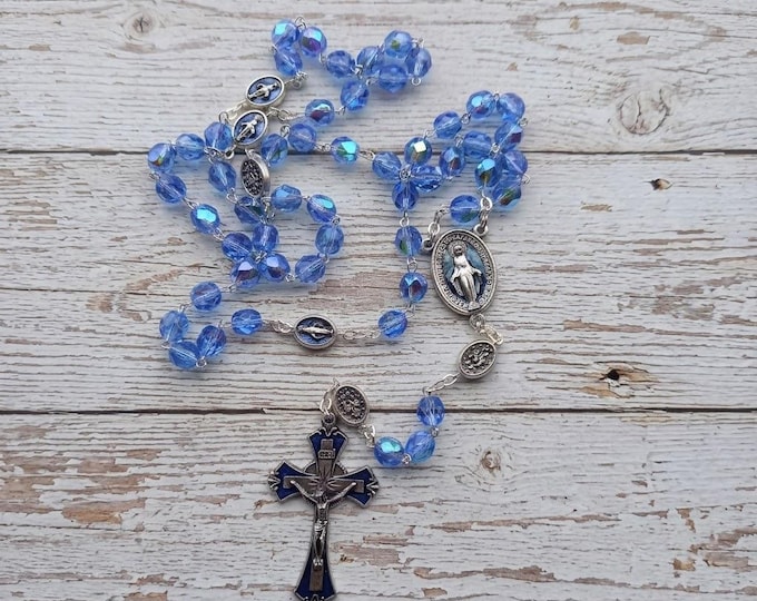 Rosary of the Miraculous Madonna, 7 mm diameter crystal beads, enamelled Pater and cross, handcrafted in Italy