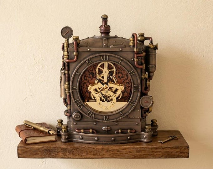 Steampunk style Furnace clock sculpture, 20 cm (7.87 inches) in bronzed resin marble, handcrafted in Italy