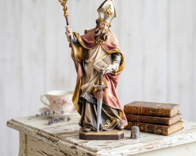 Statue of Saint Boniface carved from Valgardena wood and hand-decorated, handcrafted in Italy.