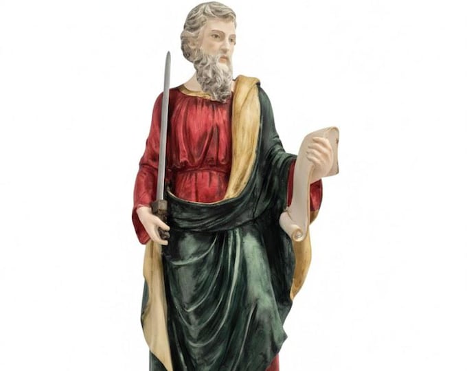 Statue of Saint Paul, 28 cm (11.02 inches) in alabaster powder, wooden base, hand-decorated, made in Italy