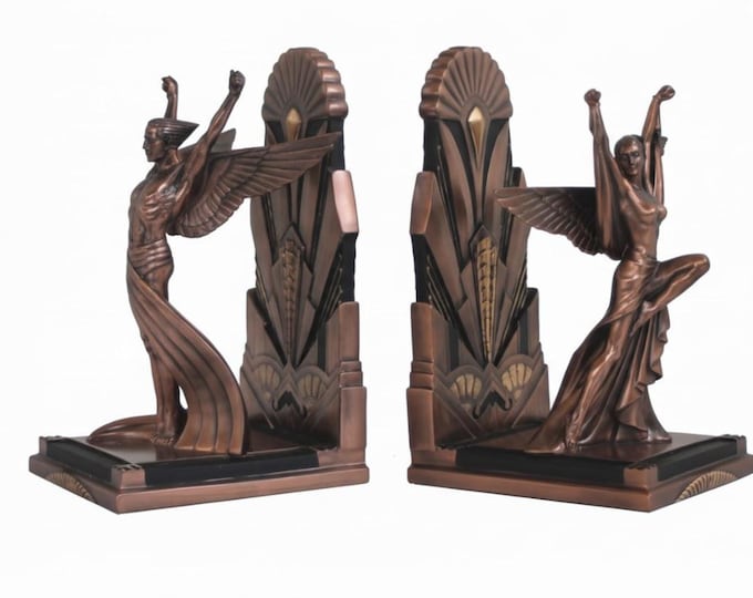 Classical Art Deco pair of bookends, 23 cm (6.69 inches) in bronzed resin marble, handcrafted in Italy