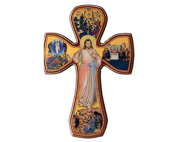 Mysteria Lucis Cross Crucifix, in mahogany stained wood with mysteries and box, various sizes available, Italian artisan production