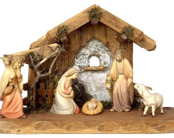 Crib carved in valgardena wood and decorated by hand, 5 pieces with hut, various sizes available, Italian artisan production