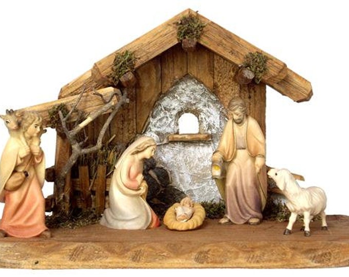 Crib carved in valgardena wood and decorated by hand, 5 pieces with hut, various sizes available, Italian artisan production