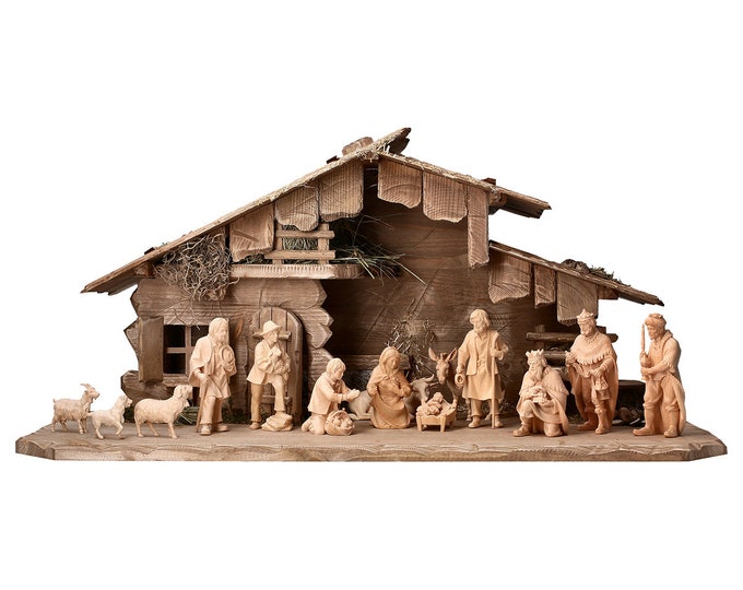 Nativity scene Farmer carved in pine wood of Valgardena and decorated by hand, 16 pieces with hut Italian artisan production