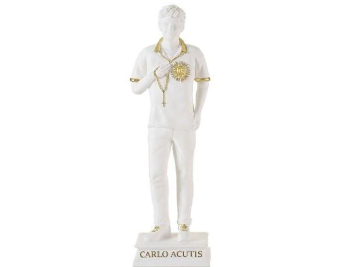 Statue of Blessed Carlo Acutis in white and gold finish resin decorated by hand, Italian artisan production, various sizes available