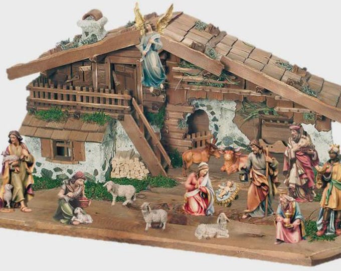 Presepe completo con 14 statuine e capanna scolpito in legno della Valgardena, produzione italiana, varie misure disponibili