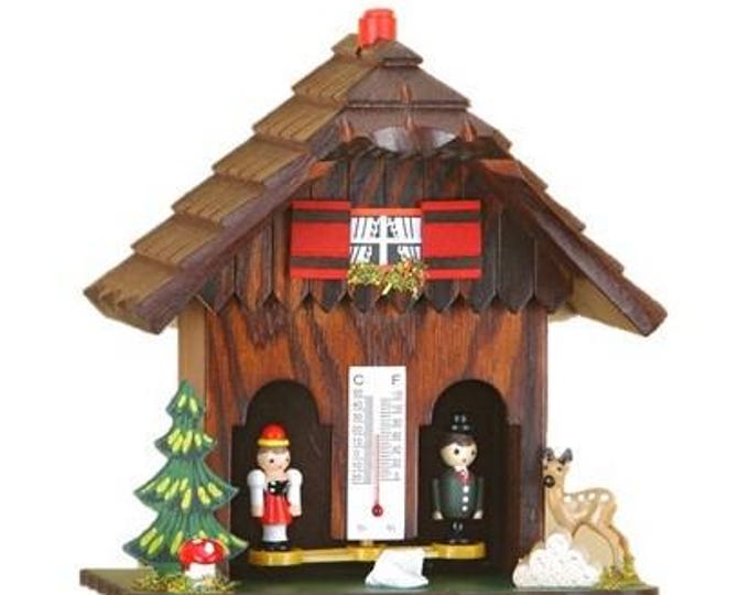 Carved wooden timepiece house, Alpine weather station, 15 cm (5.91 inch), handcrafted in Italy