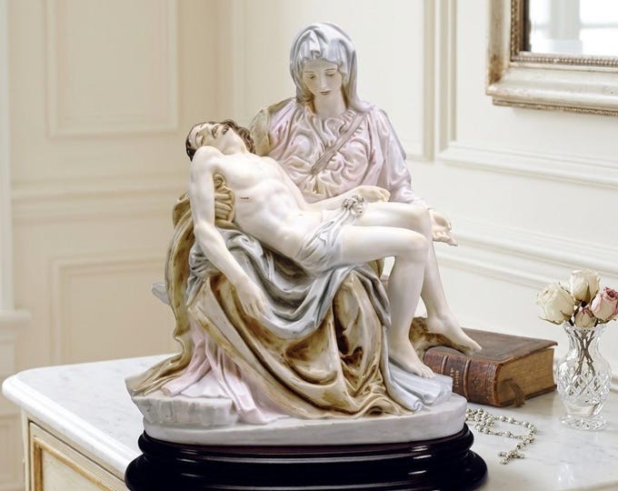 Classical sculpture "Pietà del Michelangelo", 28 cm (11.02 inches) in alabaster powder, wooden base, hand-decorated, made in Italy