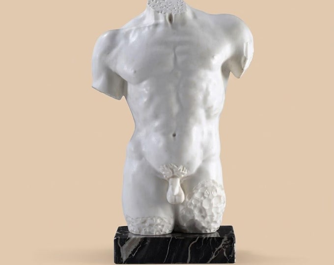 Classical sculpture "Torso of David", 30 cm (11.81 inches) in alabaster powder, marble base, handcrafted, made in Italy