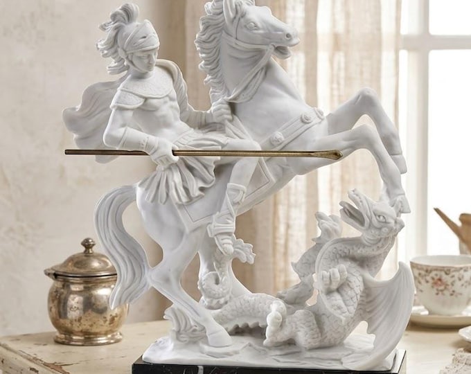 Statue of Saint George and the Dragon, 29 cm (11.41 inches), made of alabaster powder and marble base, handcrafted, made in Italy