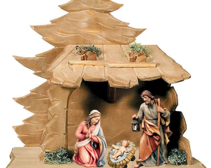 Presepe, Sacra Famiglia con capanna, scolpito in legno della Valgardena, varie misure disponibili, produzione artigianale italiana