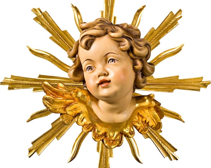 Angel sculpture, putto with rays, carved in Valgardena wood and decorated by hand, Italian artisan production, various sizes