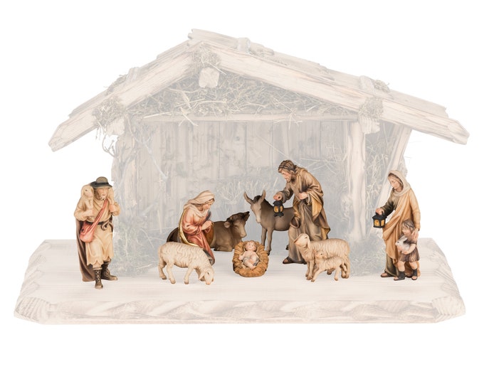 Complete nativity scene 10 pieces (without stable) carved in Valgardena wood, decorated by hand, various sizes, Italian artisan production