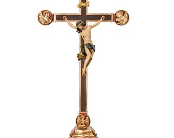 Baroque Crucifix on pedestal, carved in Valgardena wood and hand decorated, various sizes, handcrafted in Italy