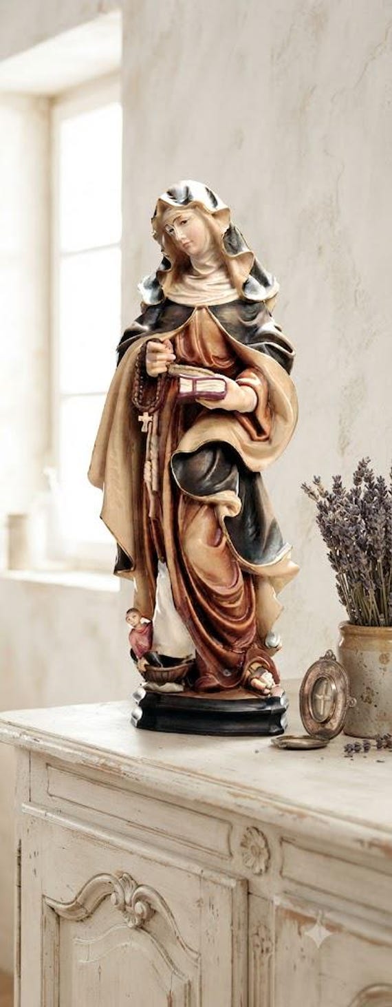 Statue of Saint Monica Carved From Valgardena Wood and Hand