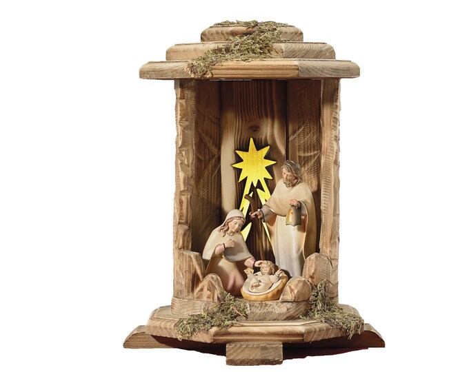Nativity scene carved in Valgardena wood and hand-decorated in lantern with light, Italian artisan production