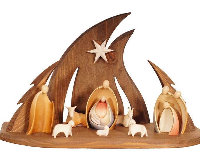 Ambiente Design complete nativity scene 11 pieces, carved in Valgardena wood, hand-decorated, various sizes, Italian artisan production