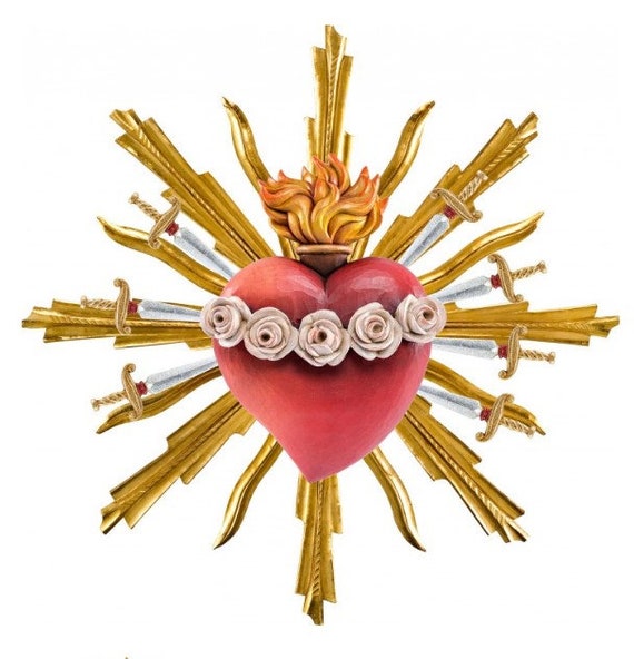 Sacred Heart of Mary Sculpture With 7 Swords and Halo, Carved in