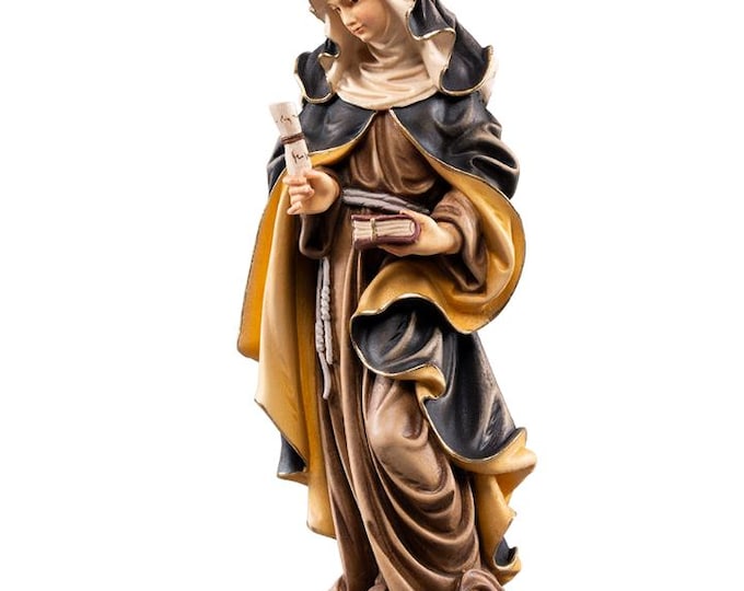 Sculpture of Saint Eva of Liège carved in Valgardena wood, hand-decorated and handcrafted in Italy.