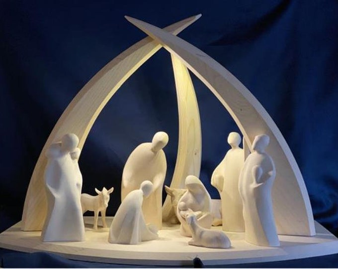 Nativity scene carved in Val Gardena wood, 11 pieces with hut, various sizes available, Italian handicraft production