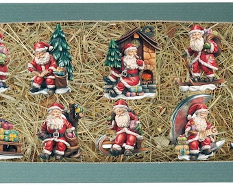 Set of 10 Santa Claus hanging decorations carved in Valgardena wood and hand-decorated, Italian artisan production