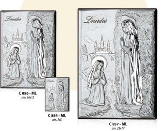 Wooden picture with silver plaque of Our Lady of Lourdes with Bernadette, various sizes available, of Italian artisan production