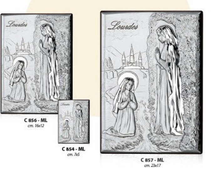 Wooden picture with silver plaque of Our Lady of Lourdes with Bernadette, various sizes available, of Italian artisan production