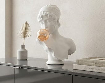 Classic Bubble Gum Girl sculpture with white marble base, 53 cm (20.86 inches) in white resin marble, handcrafted