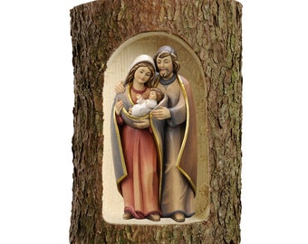 Nativity scene carved in Valgardena wood and decorated by hand, in tree trunk, Italian artisan production