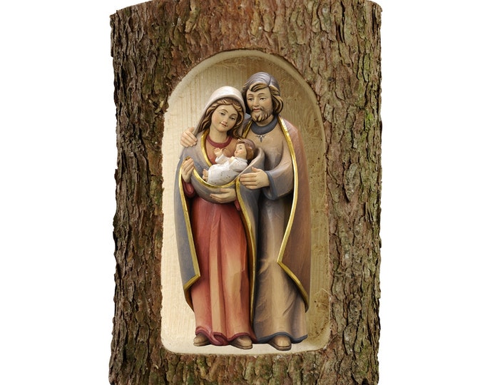 Nativity scene carved in Valgardena wood and decorated by hand, in tree trunk, Italian artisan production