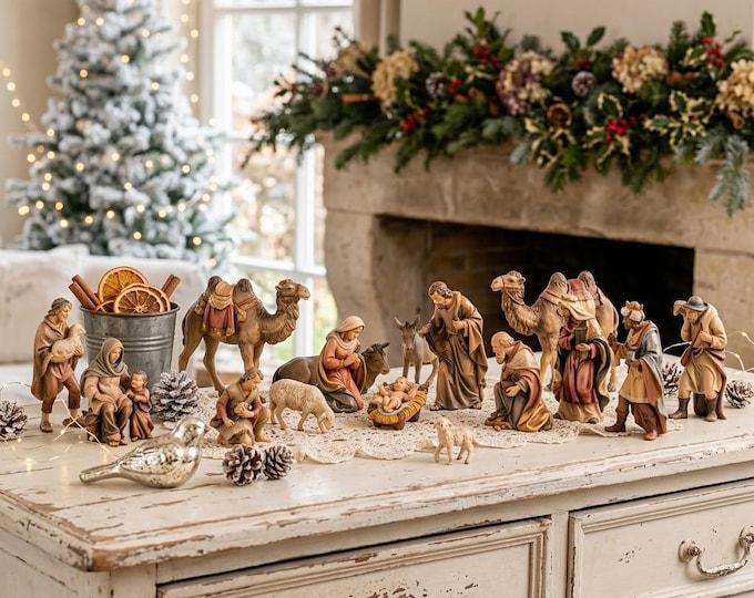 Complete 16-piece nativity scene (without stable) carved in Valgardena wood, hand-decorated, various sizes, Italian artisan production