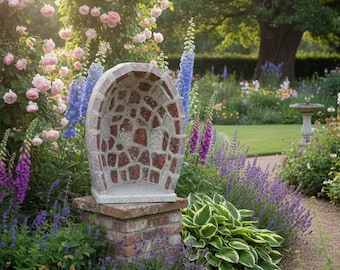 Handcrafted red granite statue cave with grey inserts, 41.5 x 29.5 cm, entirely handmade in Italy.