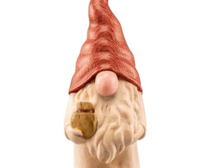 Gnome with a gift, carved from Swiss pine wood from Val Gardena, artistic carving, Italian artisan production, various sizes available