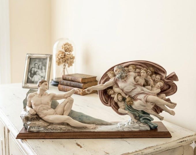 Statue of the Creation of Adam cm 79 x 38 (31 x 15 inches) in alabaster powder, wooden base, hand decorated, made in Italy