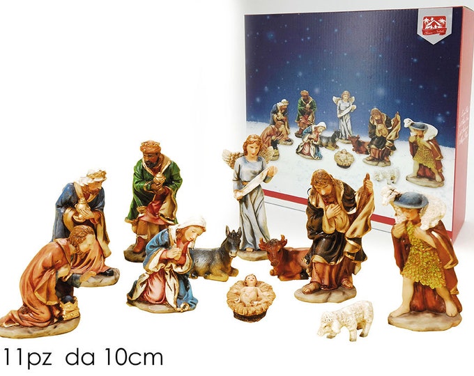Complete nativity scene cm 10 (3.93 inches) composed of 11 pieces in hand-decorated resin ideal for exteriors and interiors