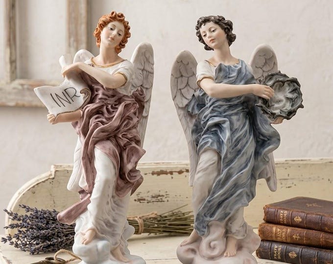 Pair of angels by Bernini, 36 cm (14.17 inches), made of alabaster powder, wooden base, hand-decorated, made in Italy