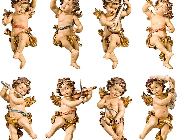 Set of 8 Angels and cherubs carved from Valgardena wood, various sizes and decorations available, handcrafted in Italy.