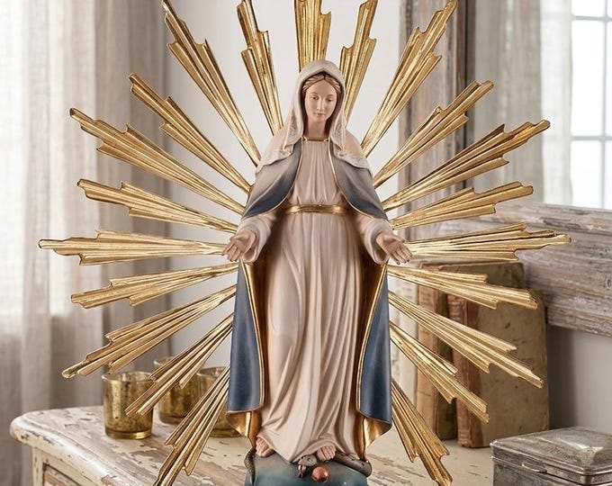 Miraculous Madonna statue 34 cm (13.39 inches) with halo carved in Valgardena wood, hand-decorated, Italian production