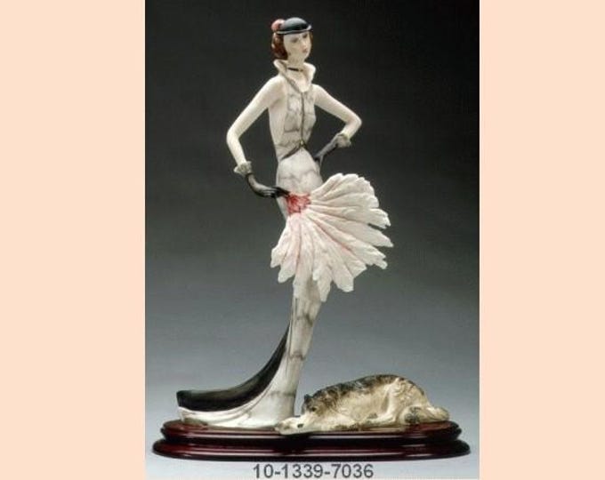 Liberty Style Sculpture Lady with Greyhound cm 47 x 33 (18.5 x 13 inch) in alabaster powder, wooden base, hand painted, made in Italy