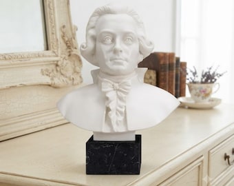 Wolfgang Amadeus Mozart sculpture, 28 cm (11.02 inches), in alabaster powder, marble base, handcrafted, made in Italy