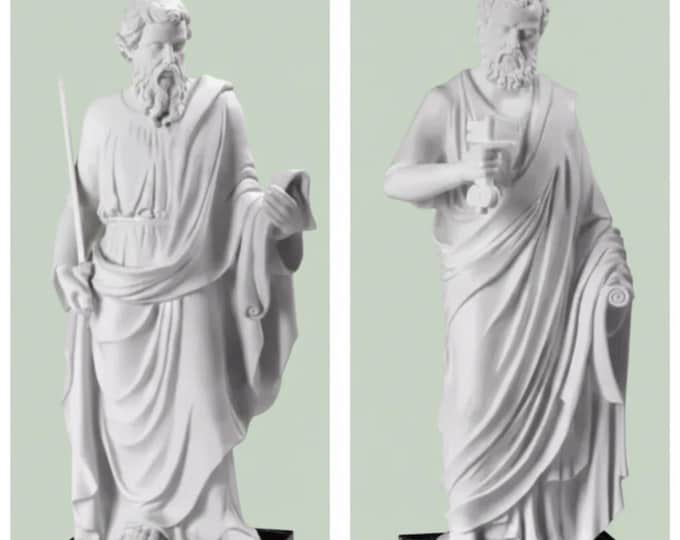 Pair of statues of Saint Peter and Saint Paul, 29 cm and 28 cm (11.41 and 11.02 inches) alabaster powder, marble base, made in Italy