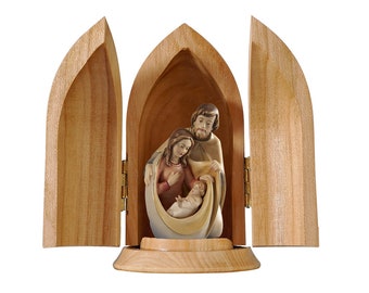 Sculpture nativity scene Holy Family with niche, carved in wood of valgardena decorated by hand of Italian production