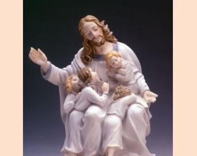 Statue of Jesus Christ with children, cm 30 (11.81 inches) in alabaster powder, wooden base, hand decorated, made in Italy